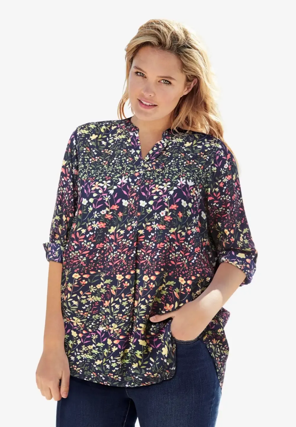 Rayon 7-Day Three-Quarter Sleeve Tab-Front Tunic