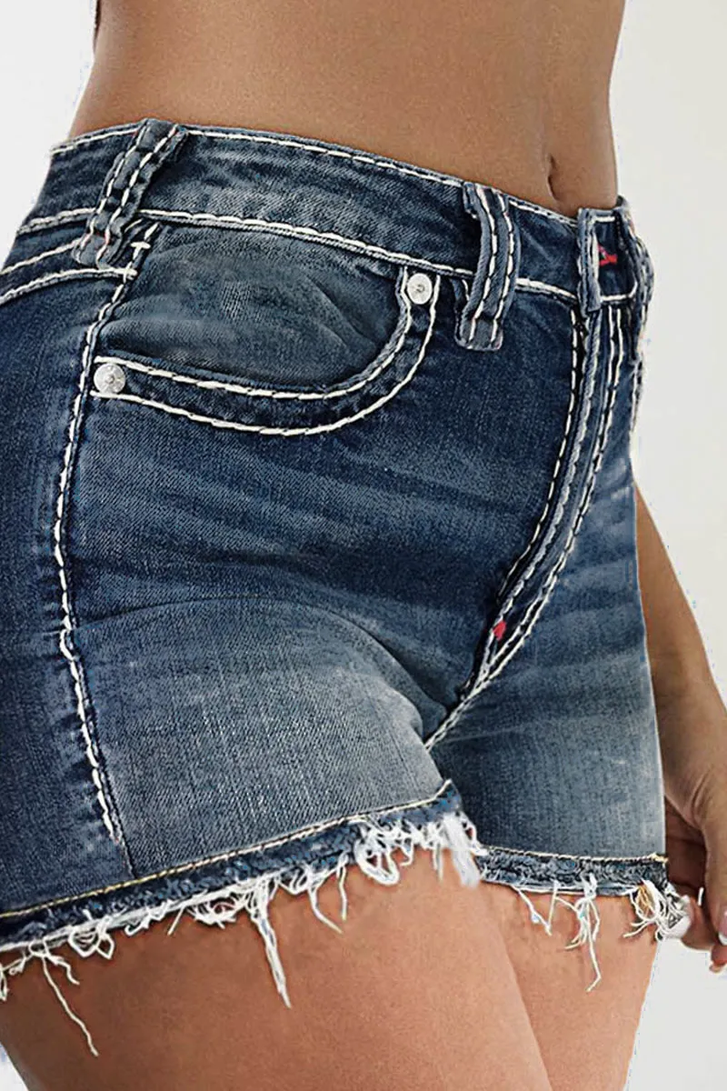 Stitch Pocket Raw Hem Mid Waist Denim Shorts