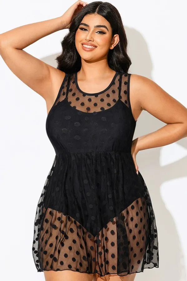 Black Dots Mesh Underwire Hook & Eye Closure One-piece Swimsuit