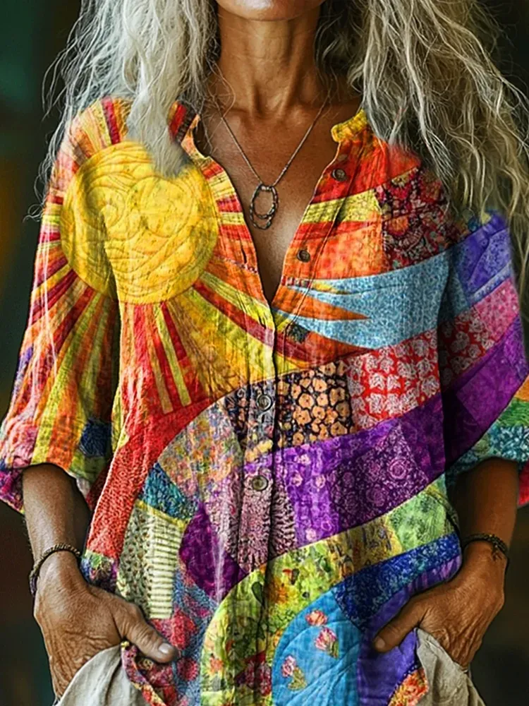 Bohemian Style Colorful Sun Floral Collagelinen Print Long Sleeve Shirt
