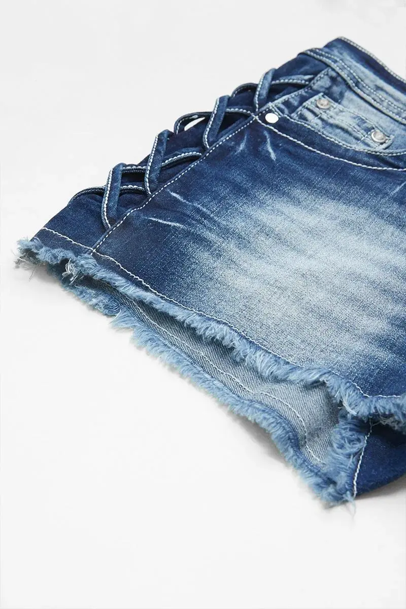 Criss Cross Raw Hem Low Waist Denim Shorts