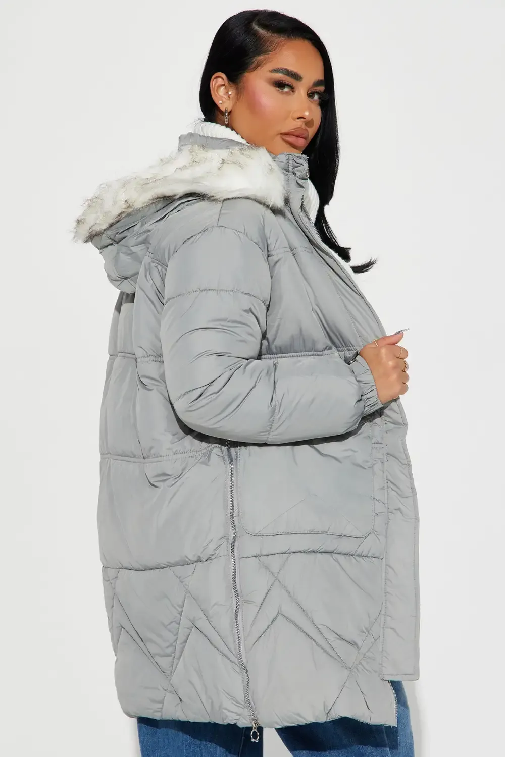 Elsa Long Puffer Jacket - Grey