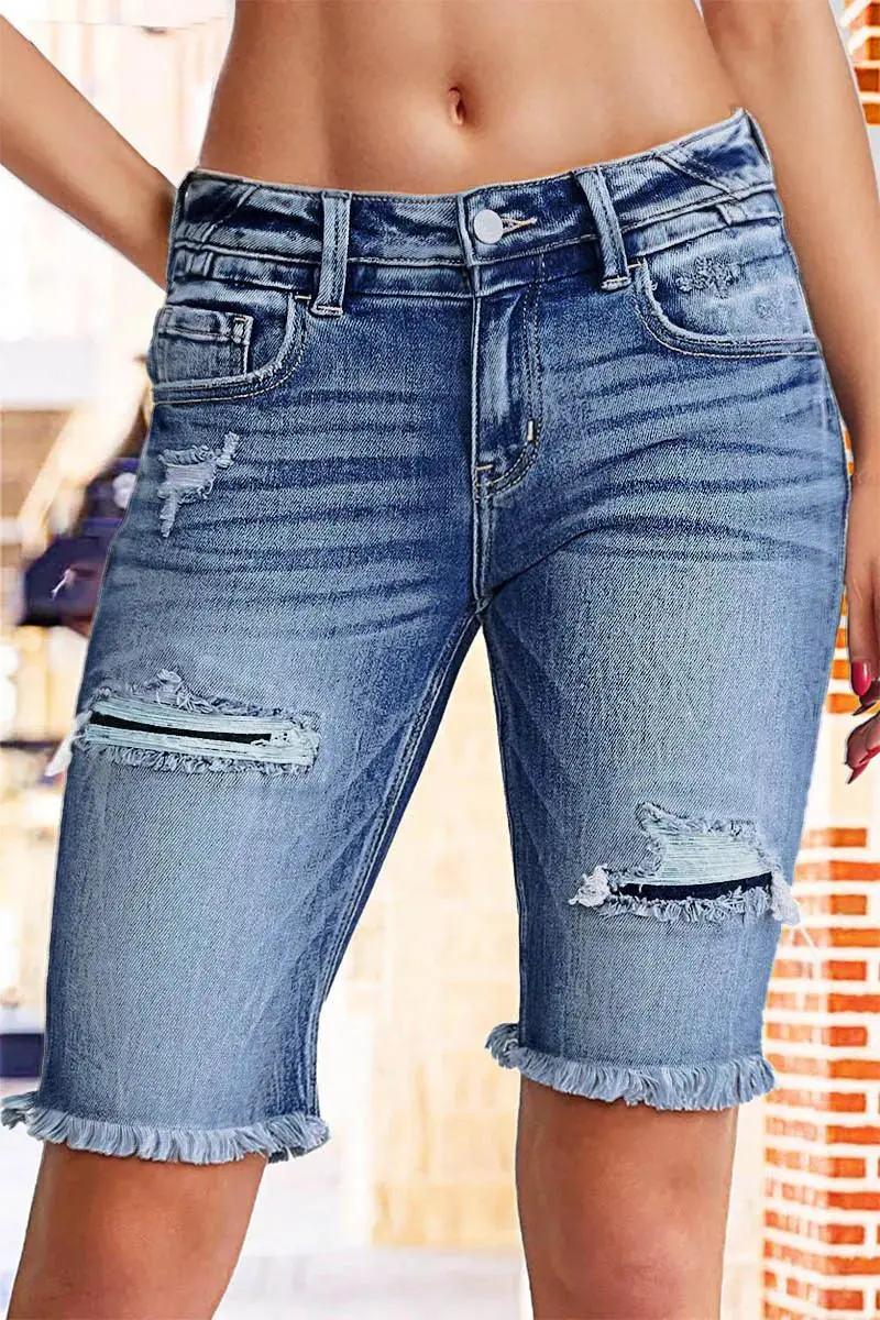 Ripped Raw Hem Mid Rise Denim Bermuda Shorts