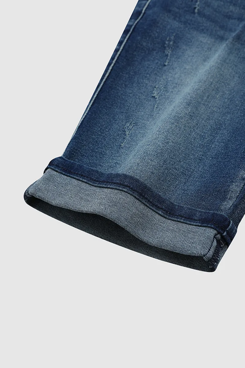 Two Tone Button Detail Ripped Roll Hem Mid Rise Denim Bermuda Shorts