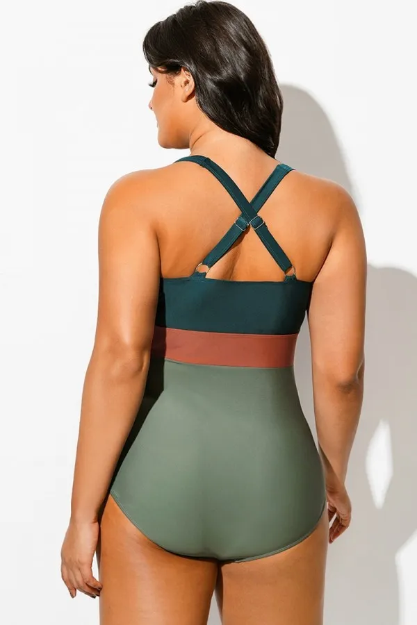 Green Colorblock Twist Front Skinny One Piece Swimsuit