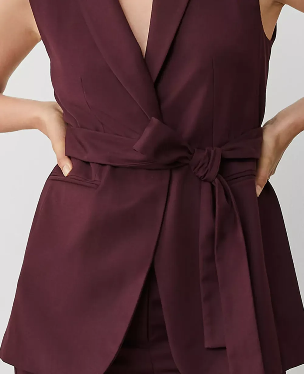 Shawl Collar Belted Vest In Wool Blend Stretch
