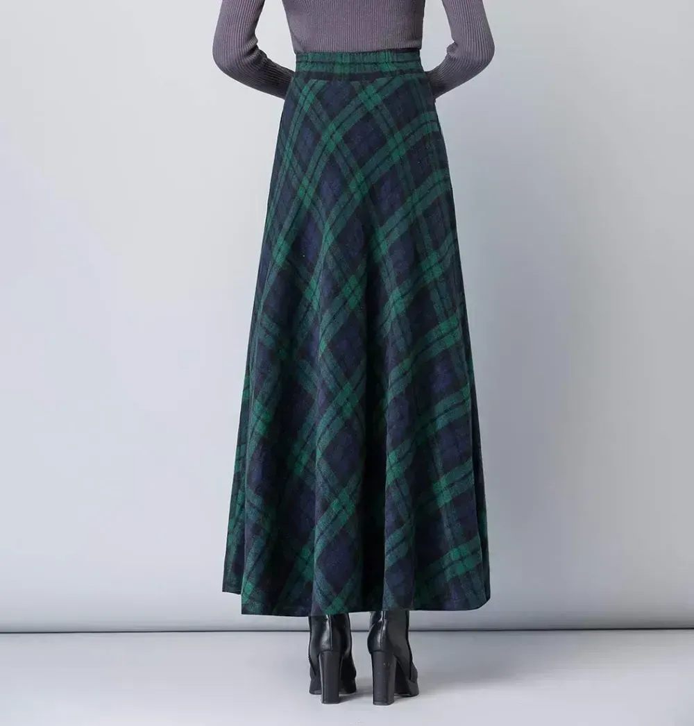 Women's Winter Elegant Warm Long Skirt Wool Maxi Skirts Elastic Waist A-Line High Waist Plaid Pleated Skirt S-3XL