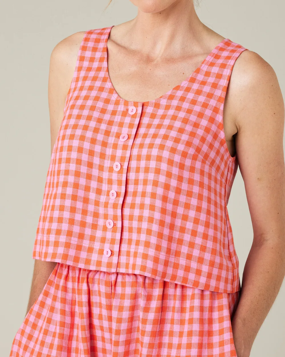 TOMATO & PINK CHECK LINEN TOP