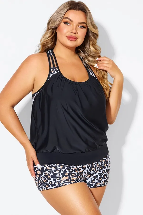 Leopard Print T-Back Blouson Tankini Top