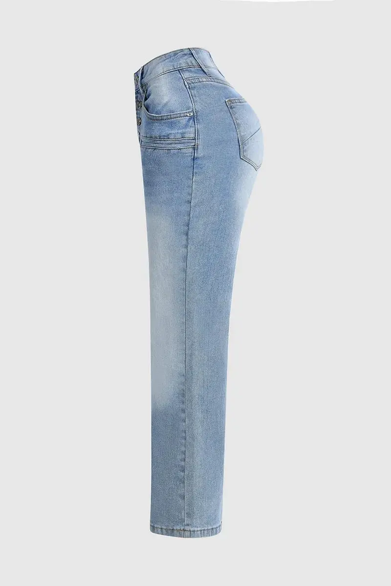 Button Fly Wide Leg Mid Rise Jeans Without Belt