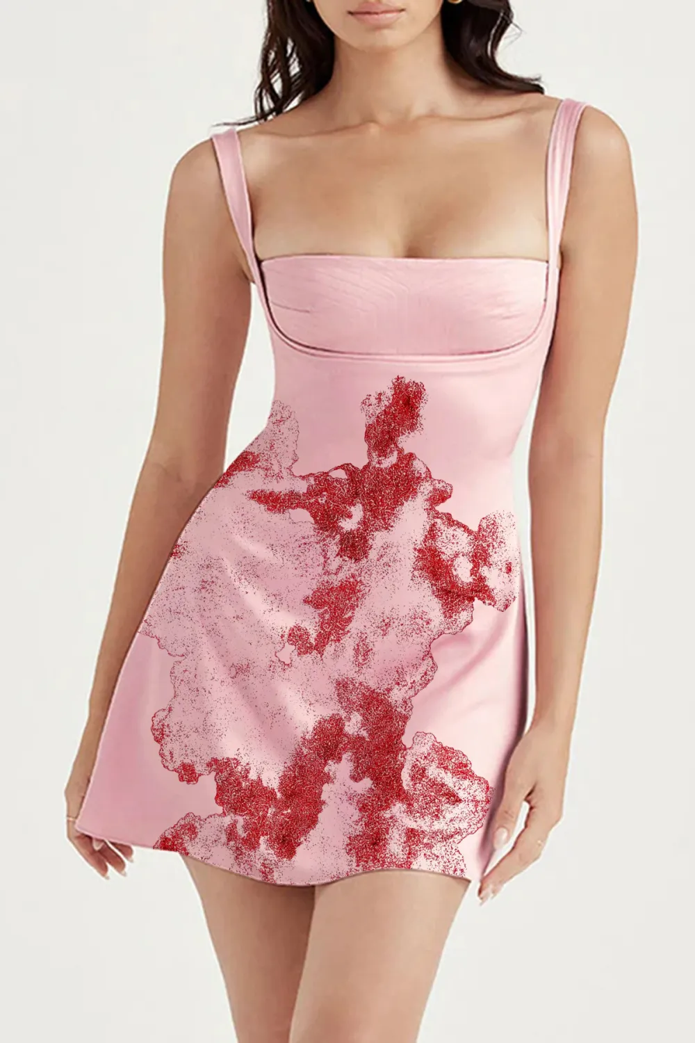 Silky Satin Square Neck Suspender Strap Party Mini Dress - Pink