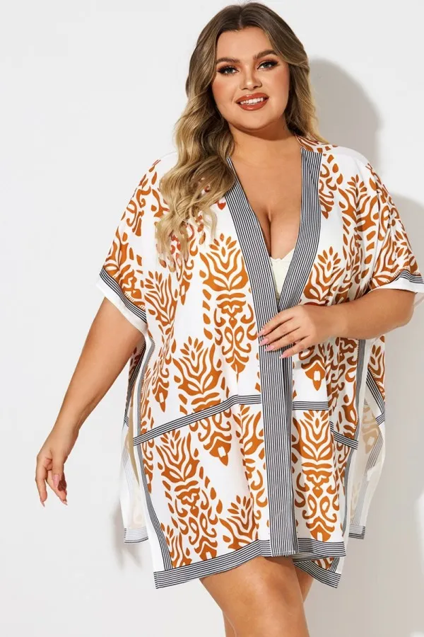 Loose Orange Print Batwing Sleeve Cover Up