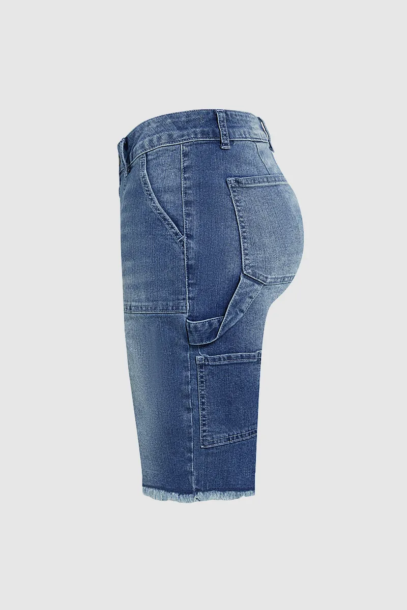 Wash Raw Hem High Waist Denim Bermuda Shorts