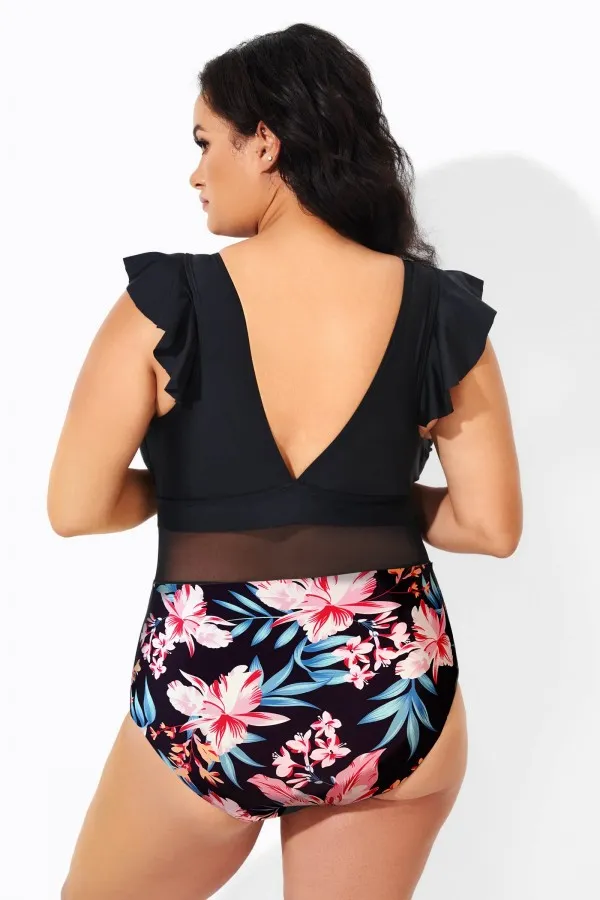 Black Ruffle Plunge V Neck One Piece Swimsuit