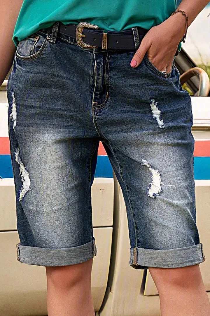 Ripped Rolled Hem Denim Bermuda Shorts Without Belt