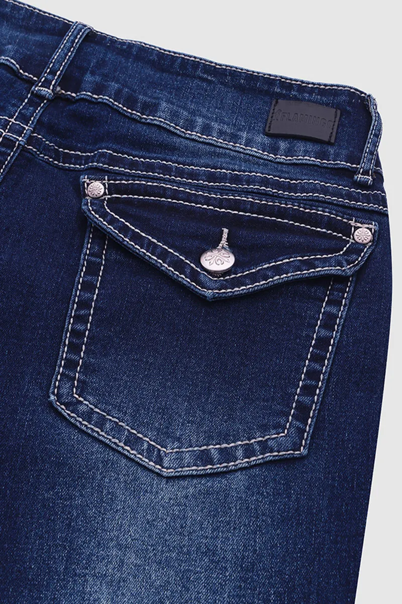 Double Button Flap Pocket Rolled Hem Low Rise Capri Jeans
