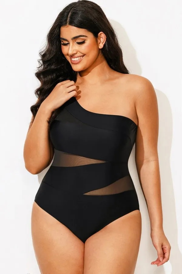 Black Mesh Sexy One Shoulder One Piece Swimsuit