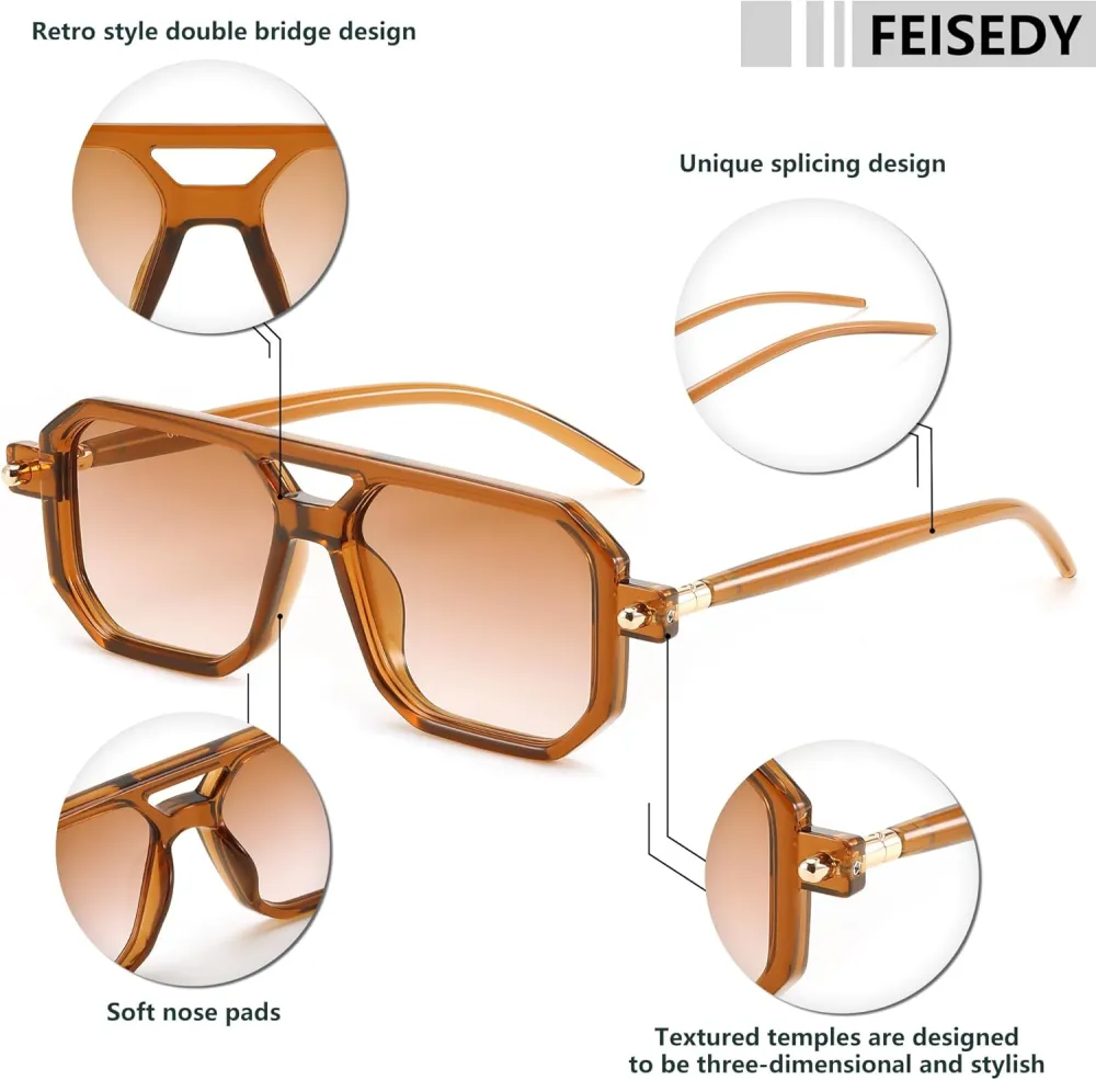 FEISEDY Vintage Square 70s Flat Aviator Sunglasses Women Men Classic Retro Stylish Frame UV400 Sunglasses B2622