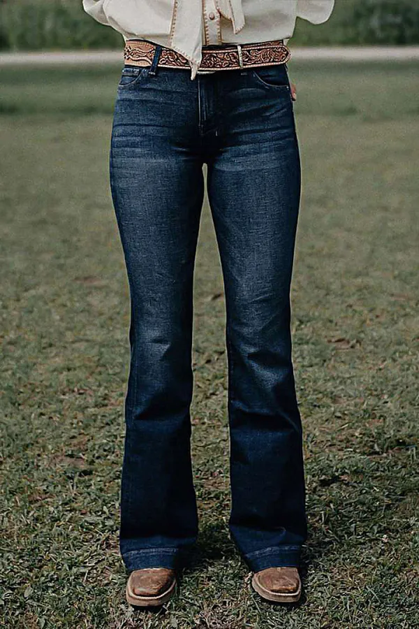 Wash Braided Decor Mid Rise Flare Jeans Without Belt
