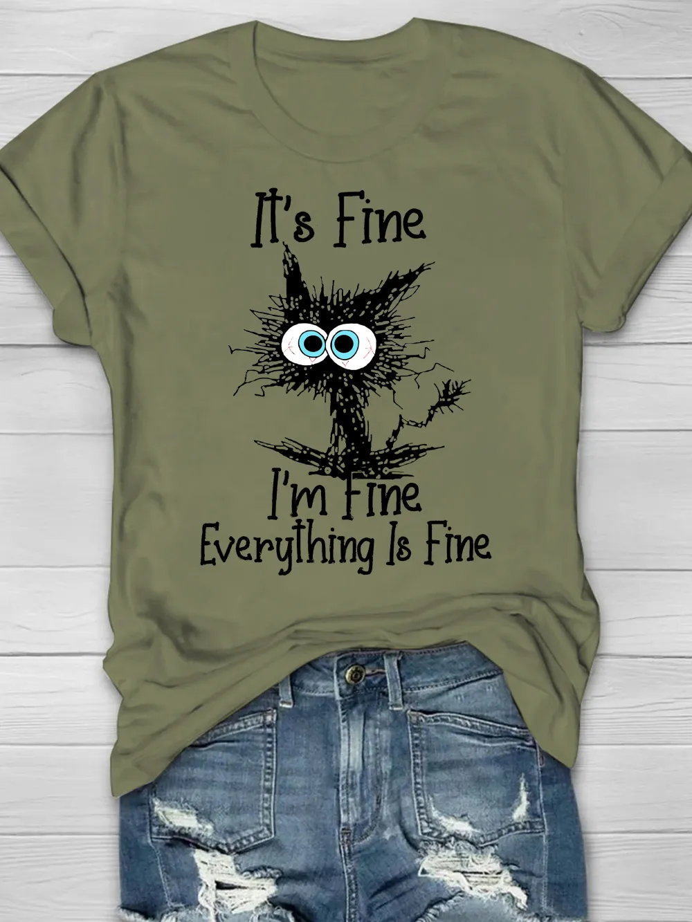 Funny Grumpy Cat It's Fine I'm Fine Everything Is Fine Graphic Print Short Sleeve T-shirt