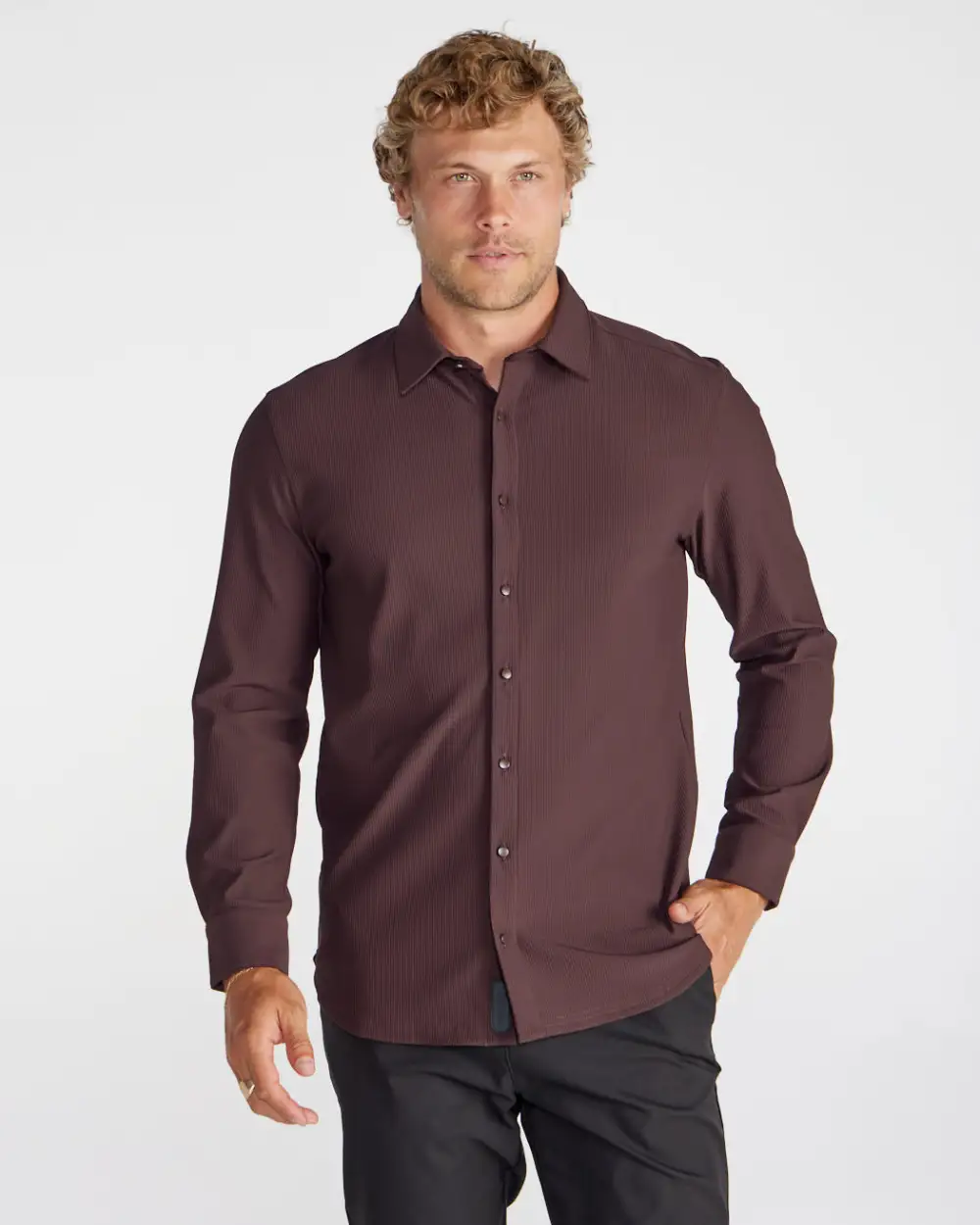 Ribbed+ Long Sleeve Button Down