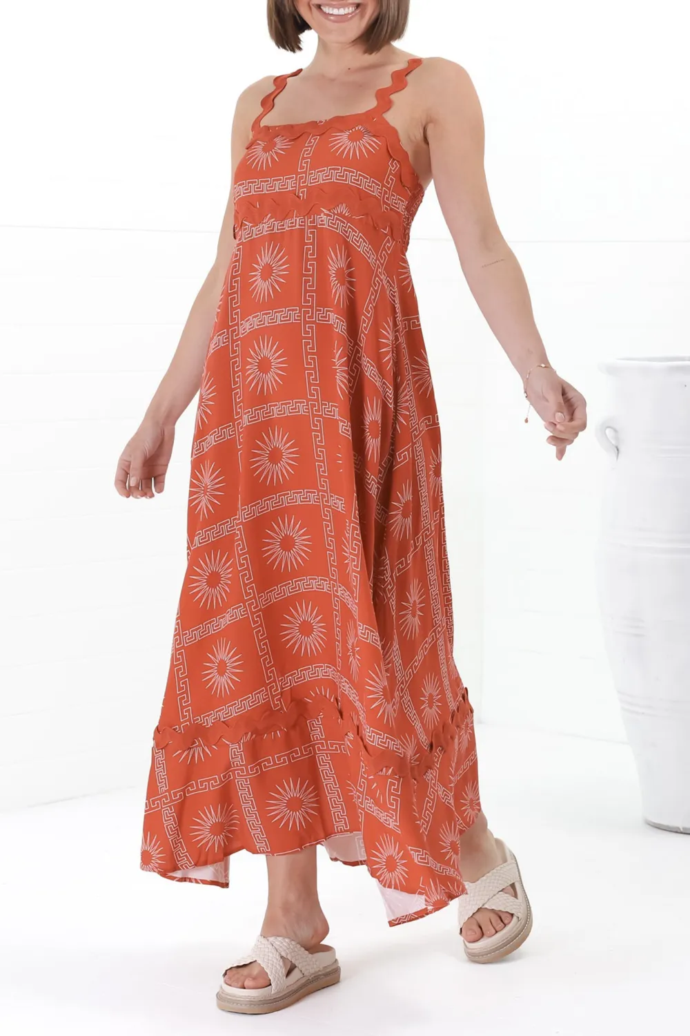 Orange Patterned Scallop Strap Maxi Dress