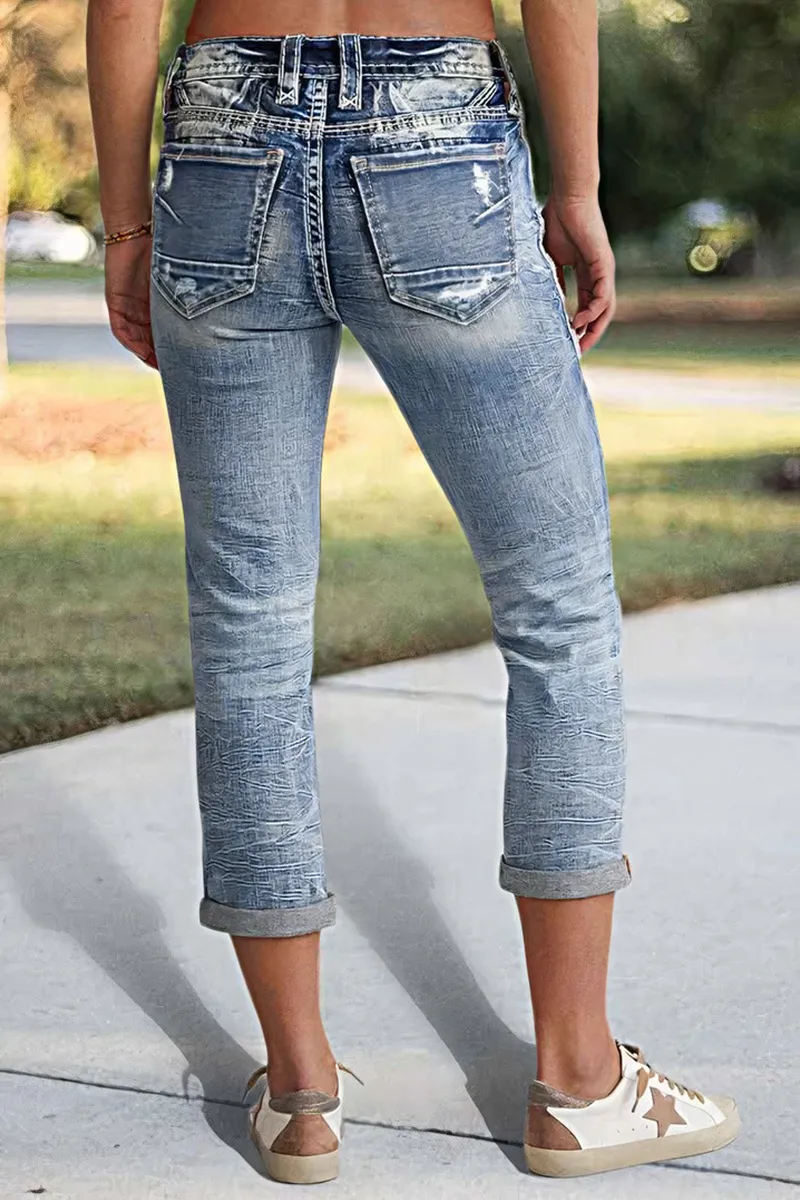 Roll Hem Wash High Stretch Mid Rise Capri Jeans