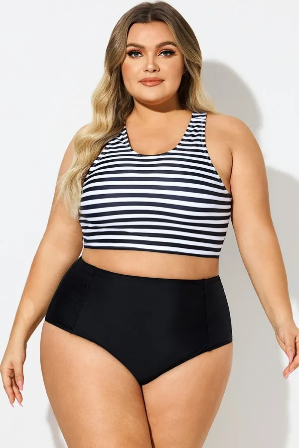 Round Neck Black & White Striped Criss Cross Bikini Top