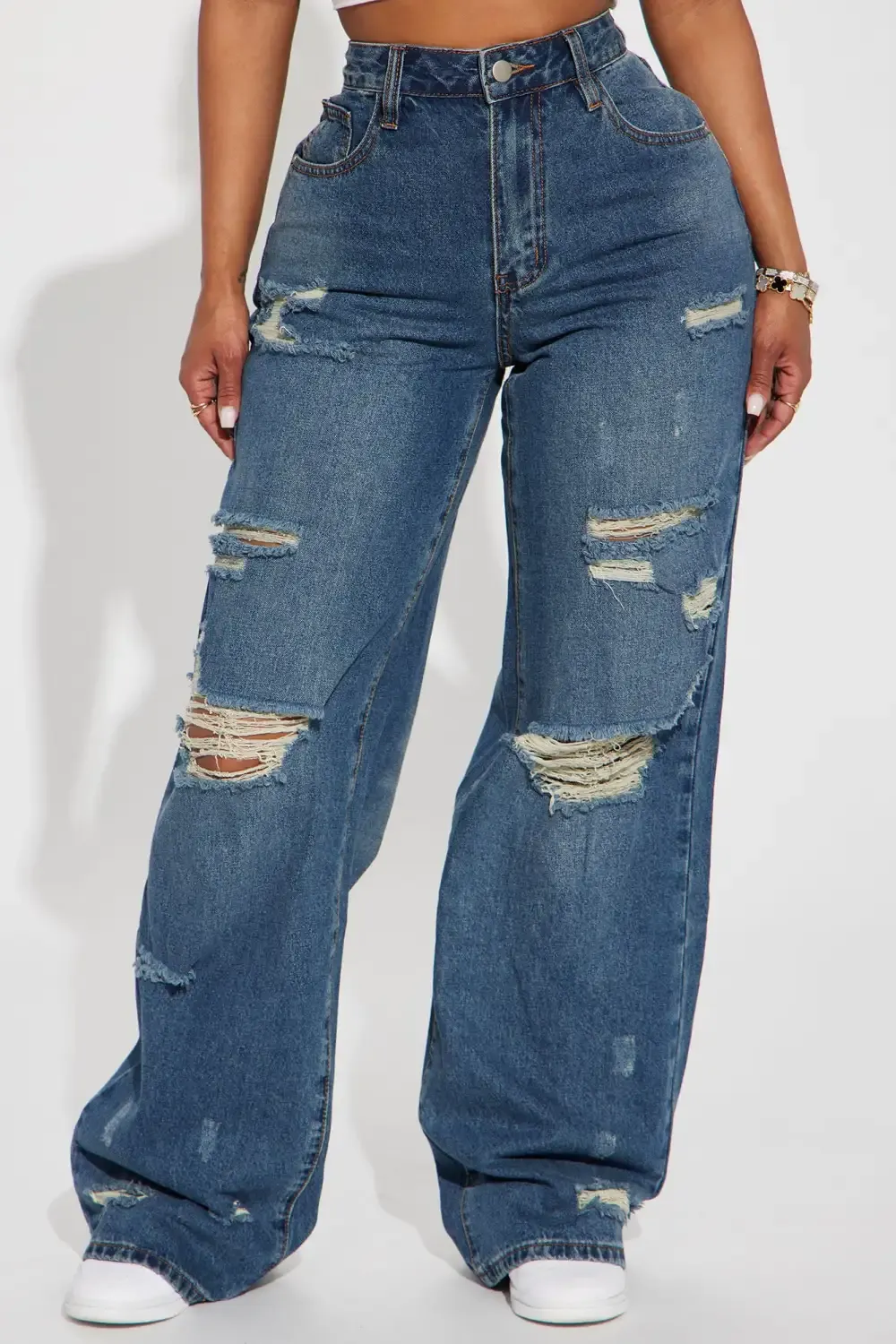 No Regrets Ripped Baggy Wide Leg Jean - Medium Wash