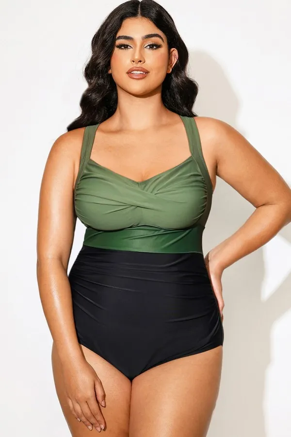 Plus Size Contrast Twist Front Skinny One Piece Swimsuit