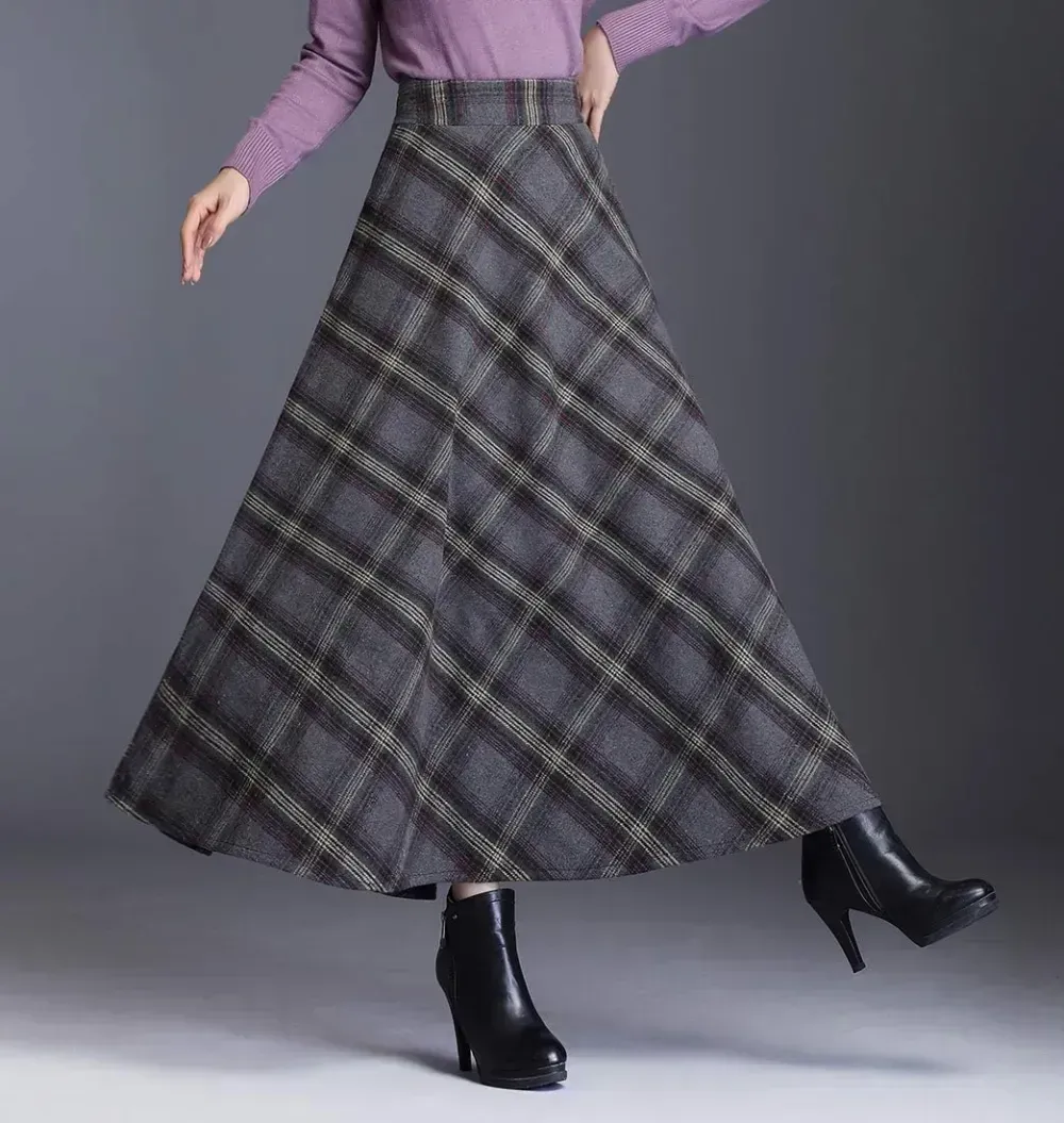 Women's Winter Elegant Warm Long Skirt Wool Maxi Skirts Elastic Waist A-Line High Waist Plaid Pleated Skirt S-3XL