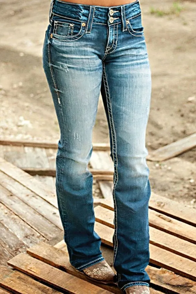 Wash Stretchy Double Button Mid Waist Bootcut Jeans