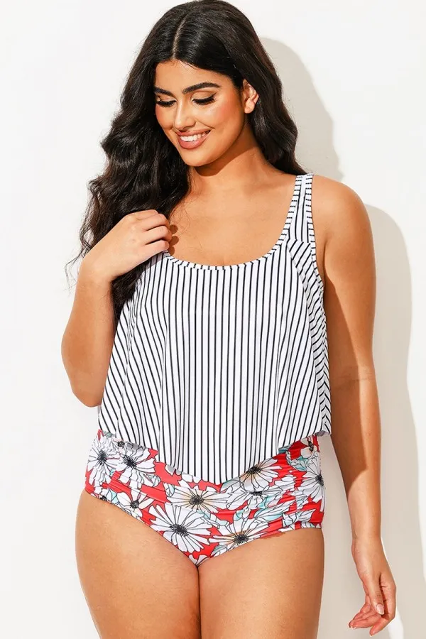 Striped Scoop Neck Ruched Flounce Blouson Tankini Top