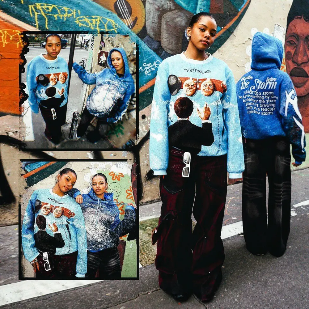 Blue Sweater Renaissance Street Wear Fashion Printing Seasonal Trend Special Design