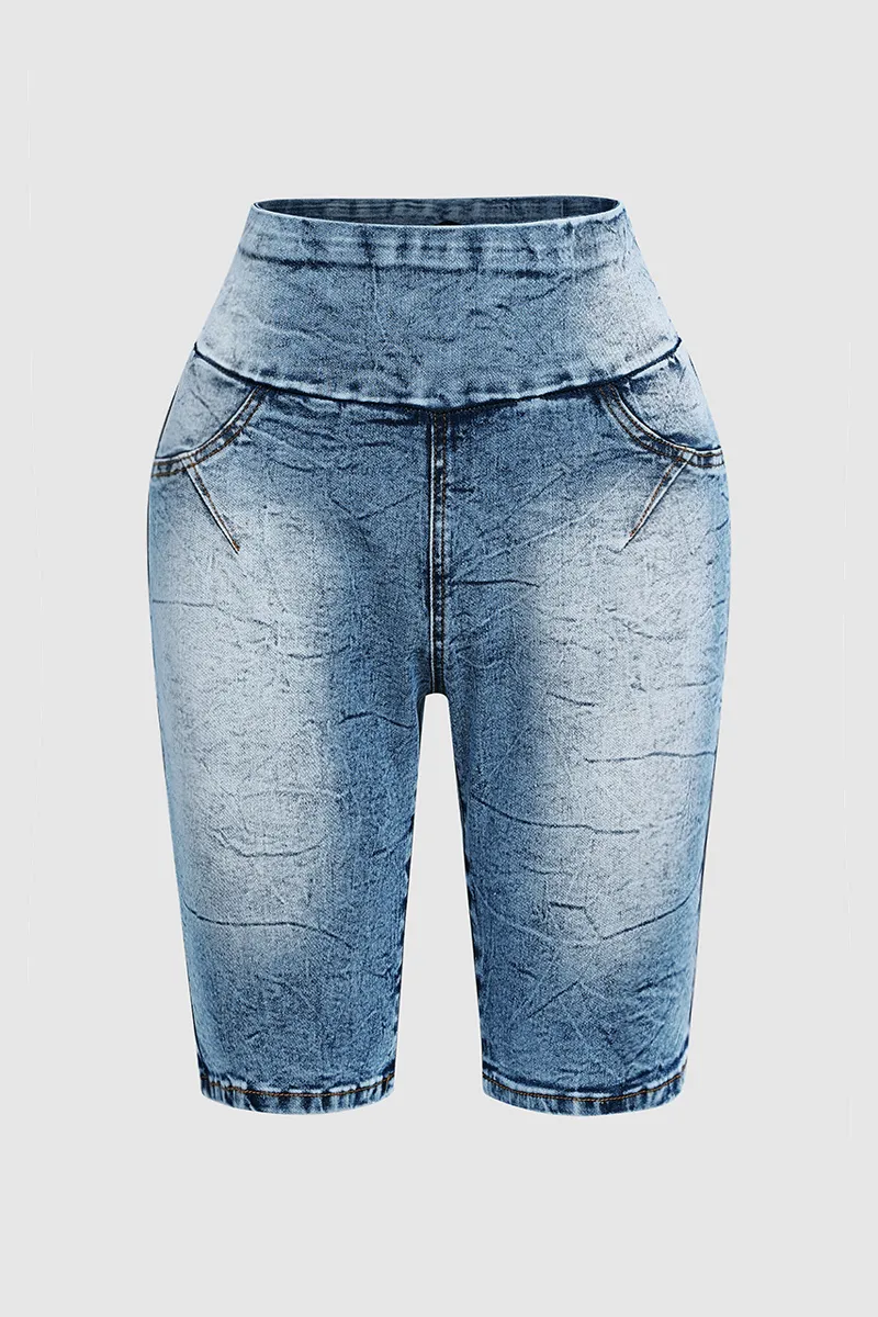 Wash Wide Waistband High Waist Denim Bermuda Shorts