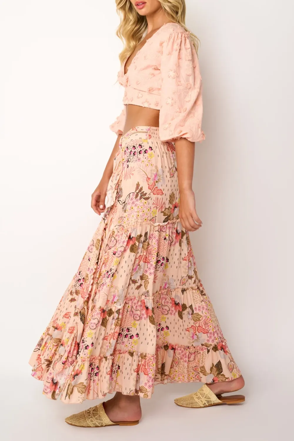 Pink And White Floral Print Ruffled Maxi Skirt