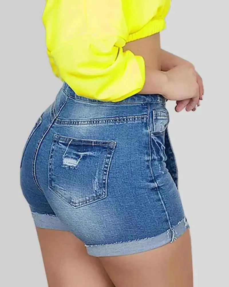 Tie Front High Waist Roll Hem Denim Shorts