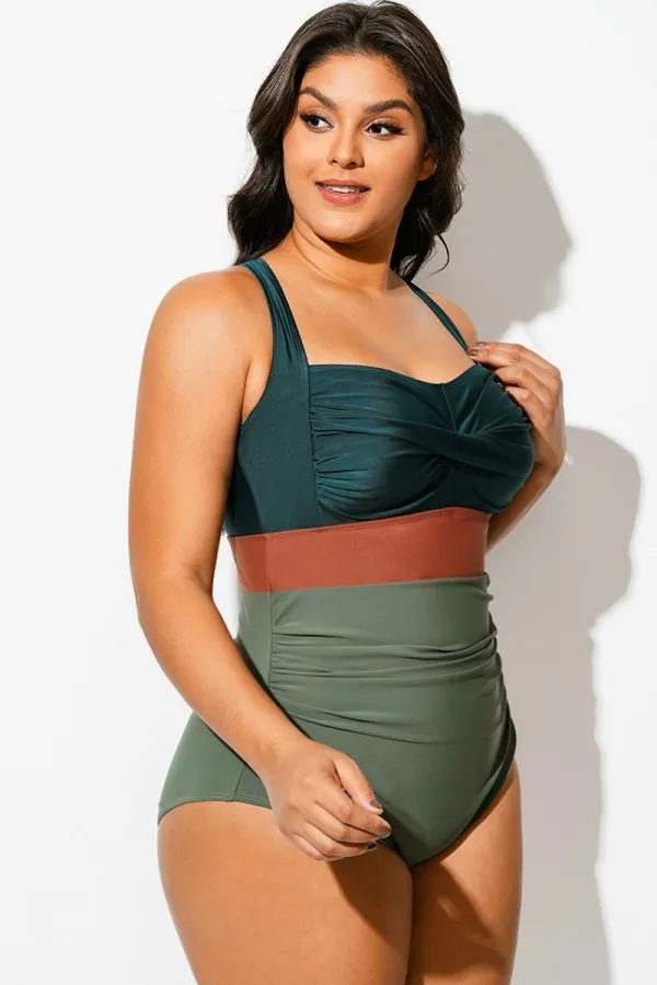 Green Colorblock Twist Front Skinny One Piece Swimsuit