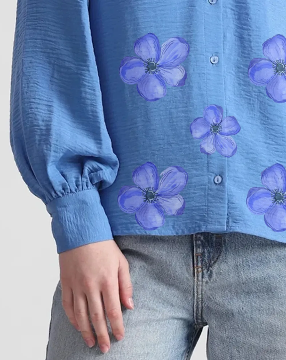 Light Blue Puff Sleeve Textured Shirt with Floral Embroidery
