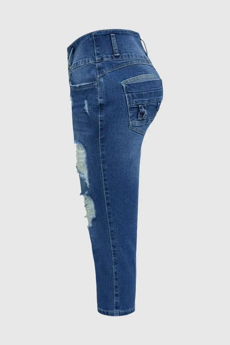 Button Fly Ripped Wash Stretchy High Waist Capri Jeans