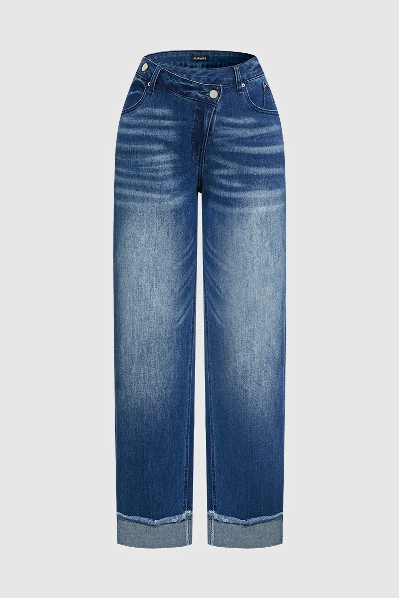 Wash Raw Roll Hem Wrap Mid Waist Straight Leg Jeans
