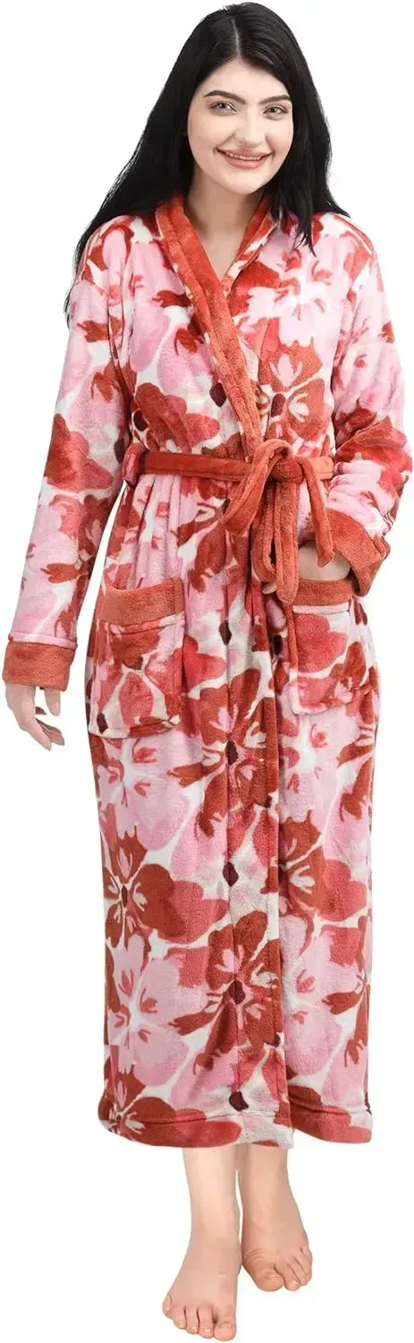Women Fleece Shawl Collar Bathrobe - Plush Long Robe
