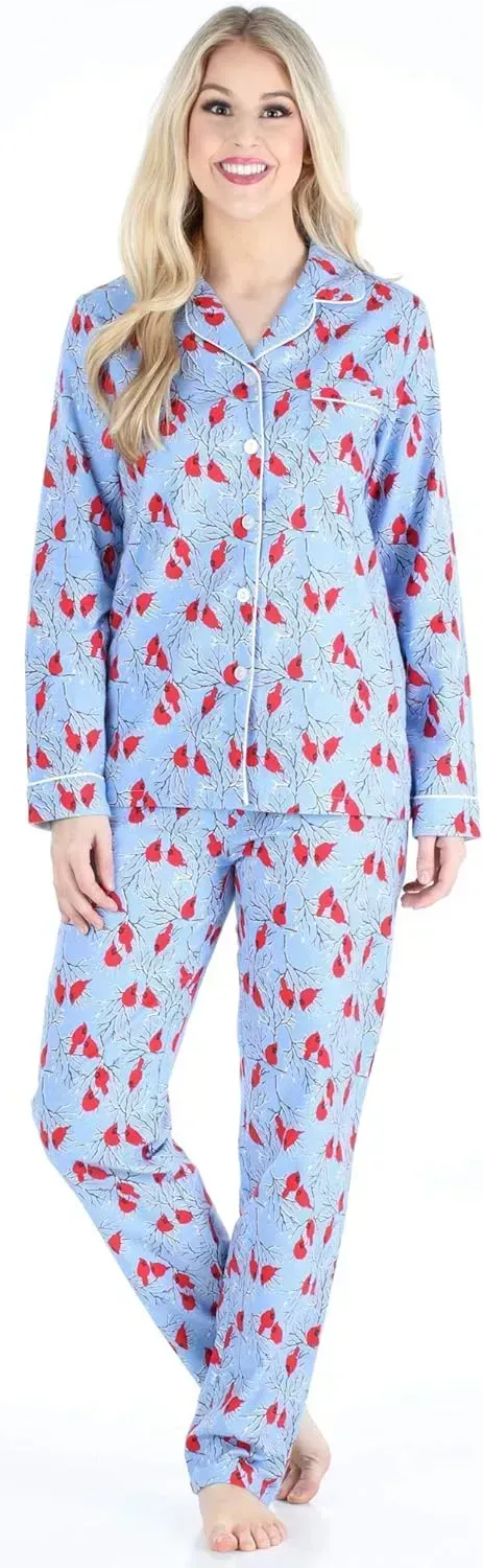 Women's Cotton Flannel Long Sleeve Button-Down Pajamas PJ Set