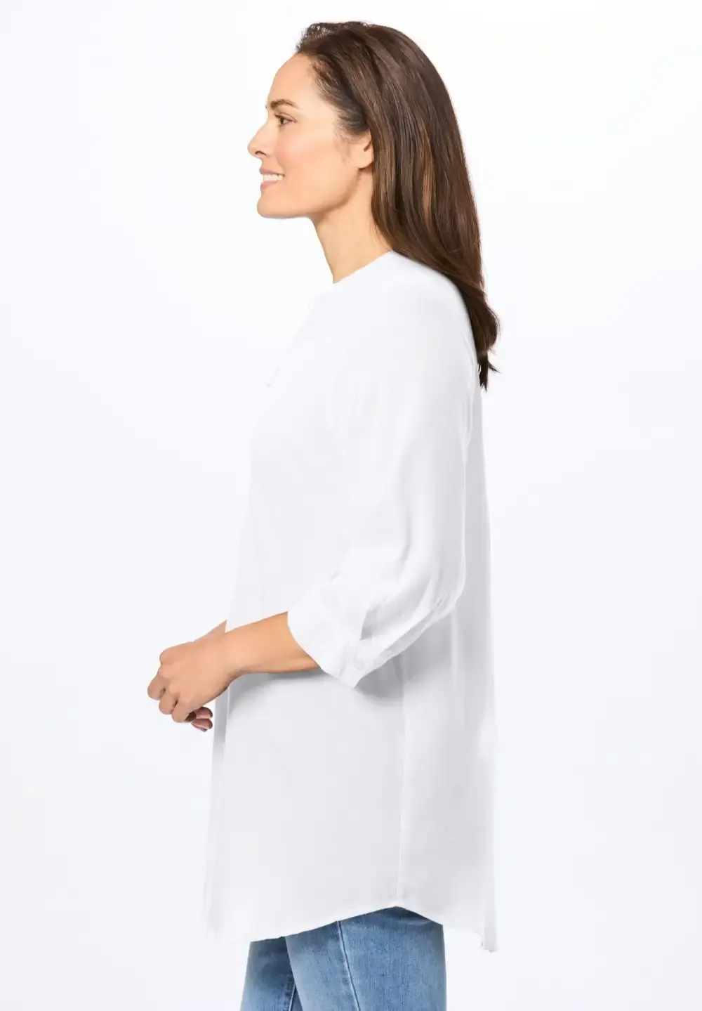 Rayon 7-Day Three-Quarter Sleeve Tab-Front Tunic