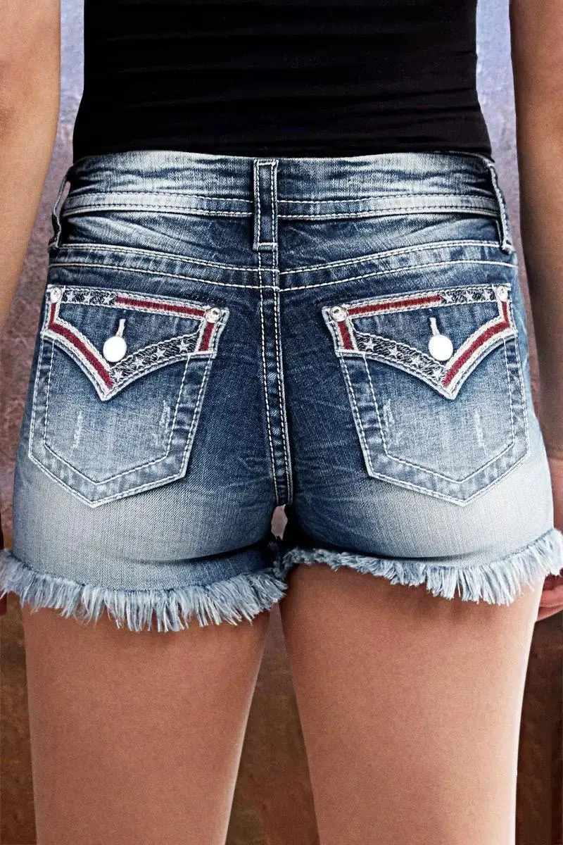 Star Embroidered Raw Hem Mid Rise Denim Shorts