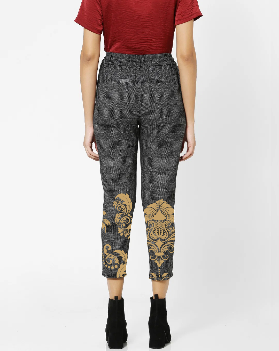 Grey Mid Rise Elastic Waist Brocade Pants