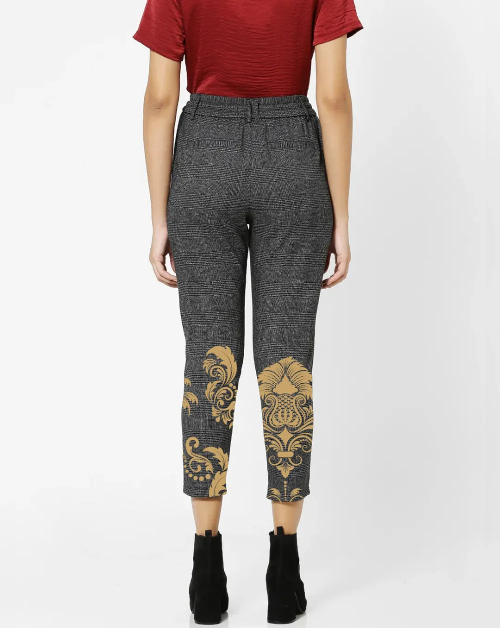 Grey Mid Rise Elastic Waist Brocade Pants