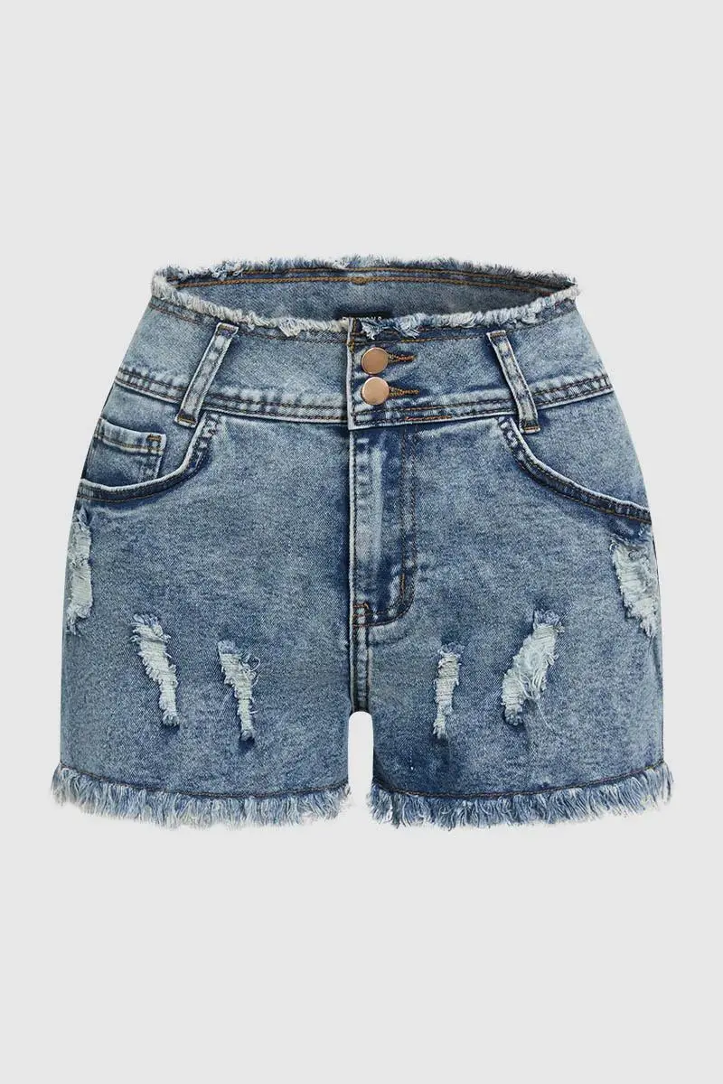 Ripped Raw Trim High Waist Denim Shorts