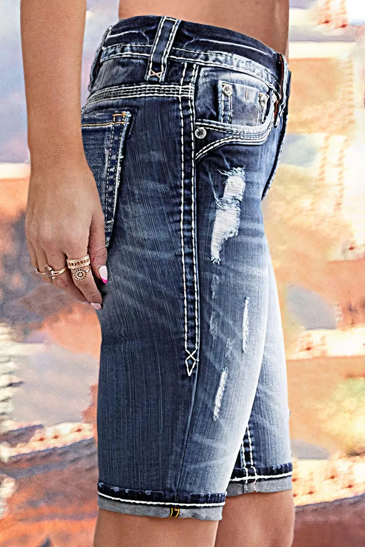 Double Button Ripped Roll Hem Mid Rise Denim Bermuda Shorts
