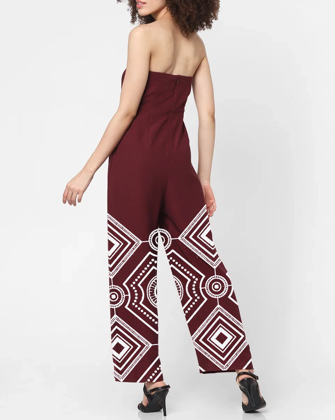 Maroon Strapless Geometric Print Jumpsuit